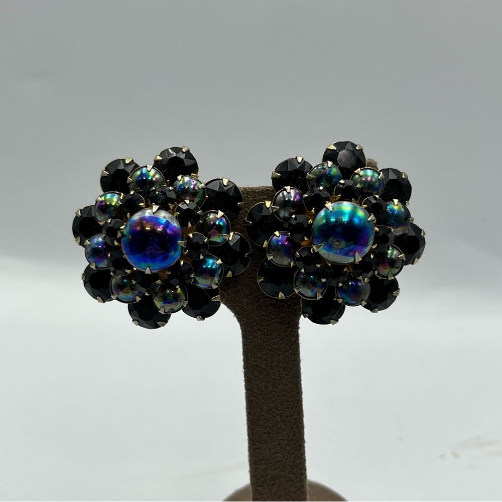 Woman’s Elegant Black and Blue Judy Lee prong set Floral clip on Earrings